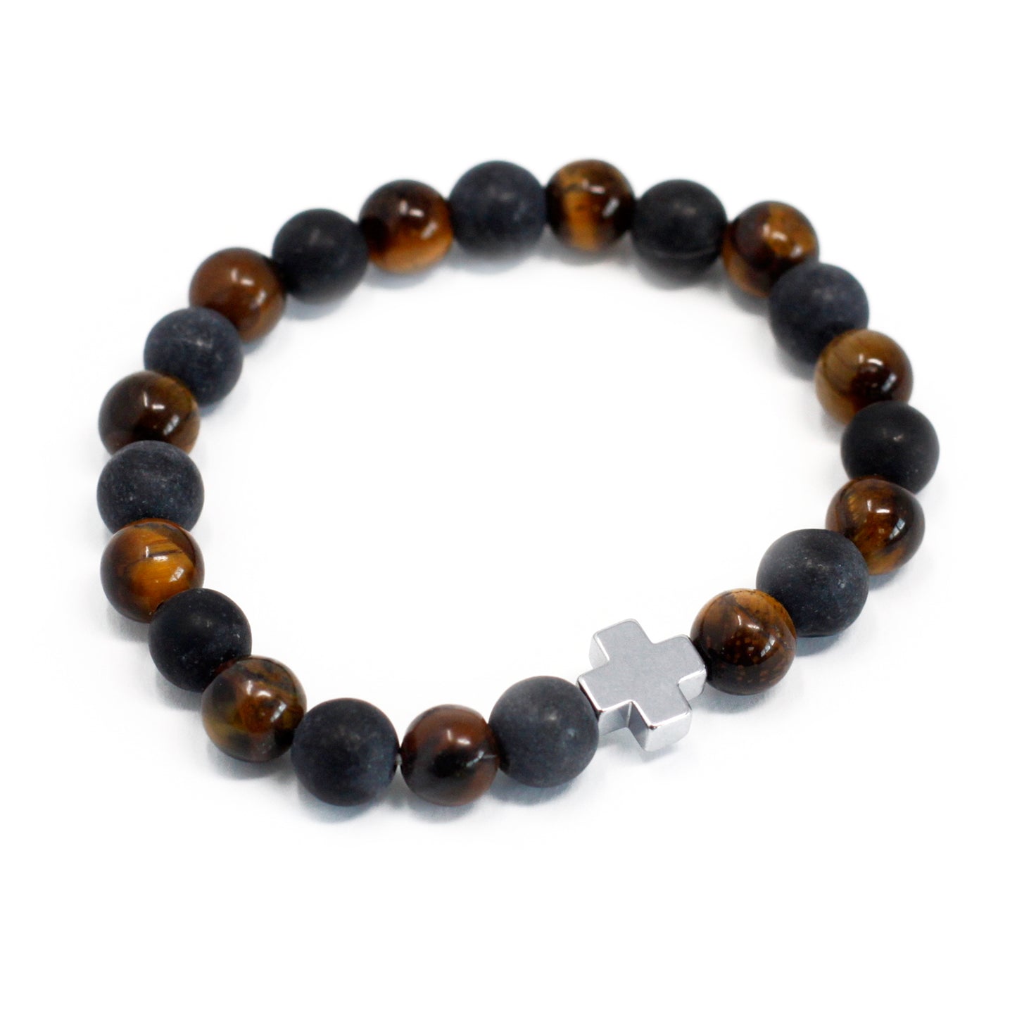 Gemstone friendship bracelets set featuring brown and black beads with silver cross charm