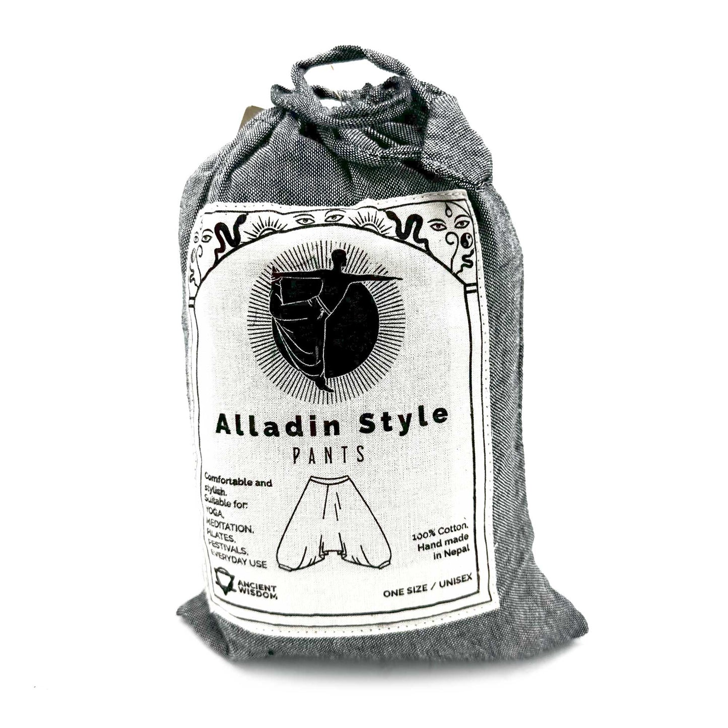 Samsara Wellbeing Aladdin Himalayan yoga pants in grey fabric pouch with drawstring closure