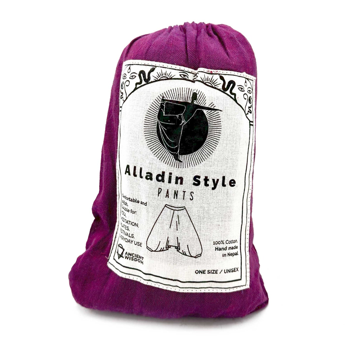 Purple fabric bag containing Aladdin style yoga pants made of 100 percent cotton from Samsara Wellbeing