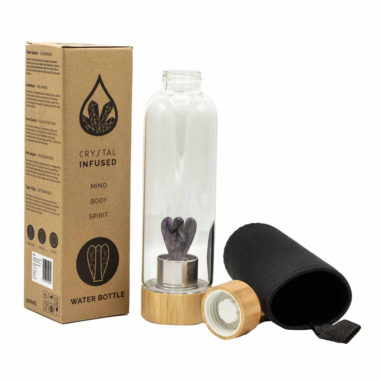 Samsara Wellbeing amethyst crystal water bottle with glass body and bamboo lid with carrying pouch