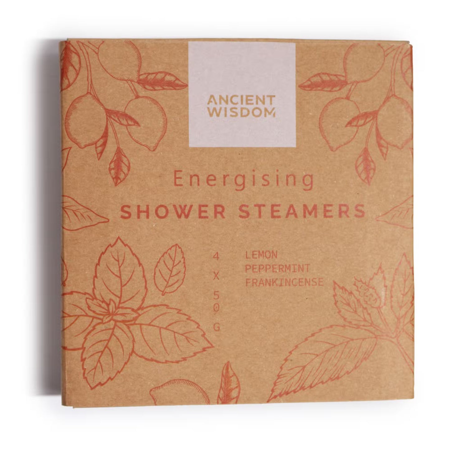 Samsara Wellbeing energising shower steamers packaging with lemon peppermint and frankincense essential oils