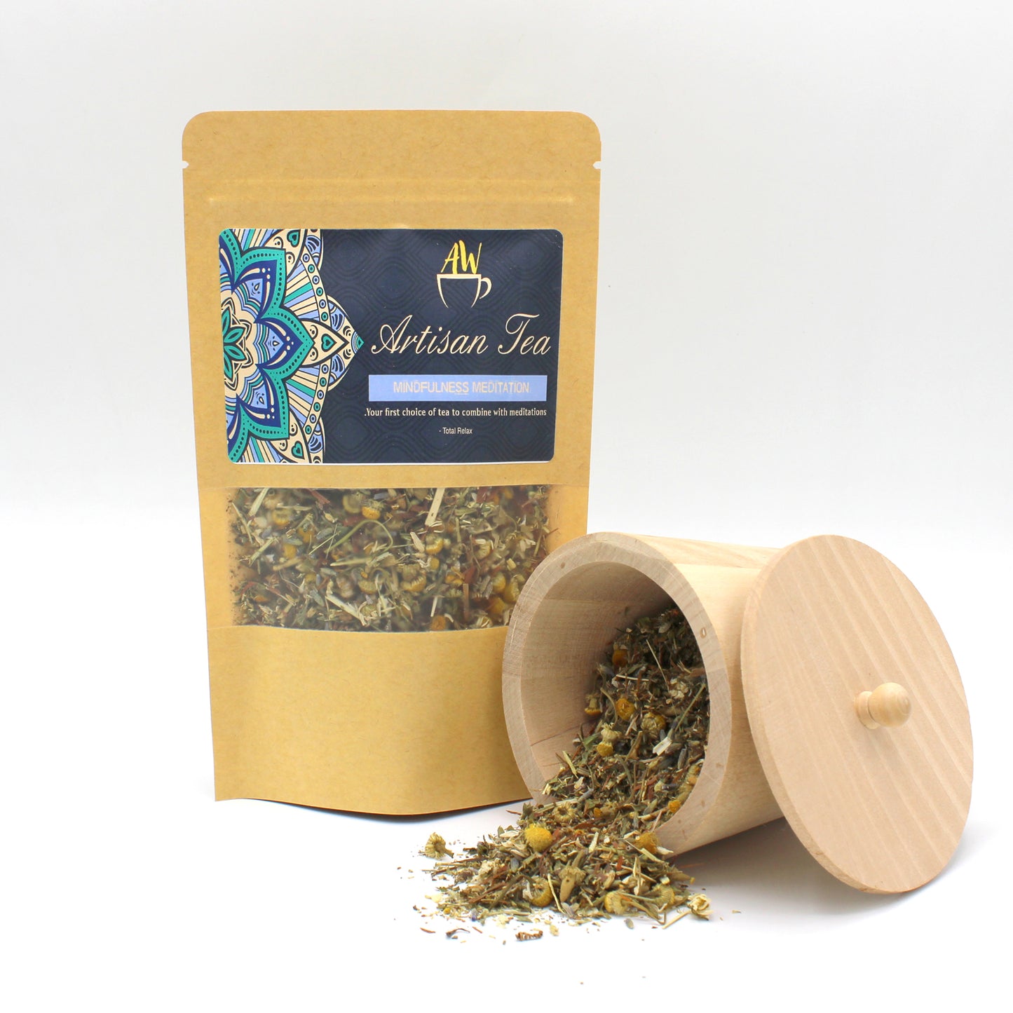 Sleep aid relaxation kit with artisan herbal tea blend and wooden storage container for calming bedtime ritual