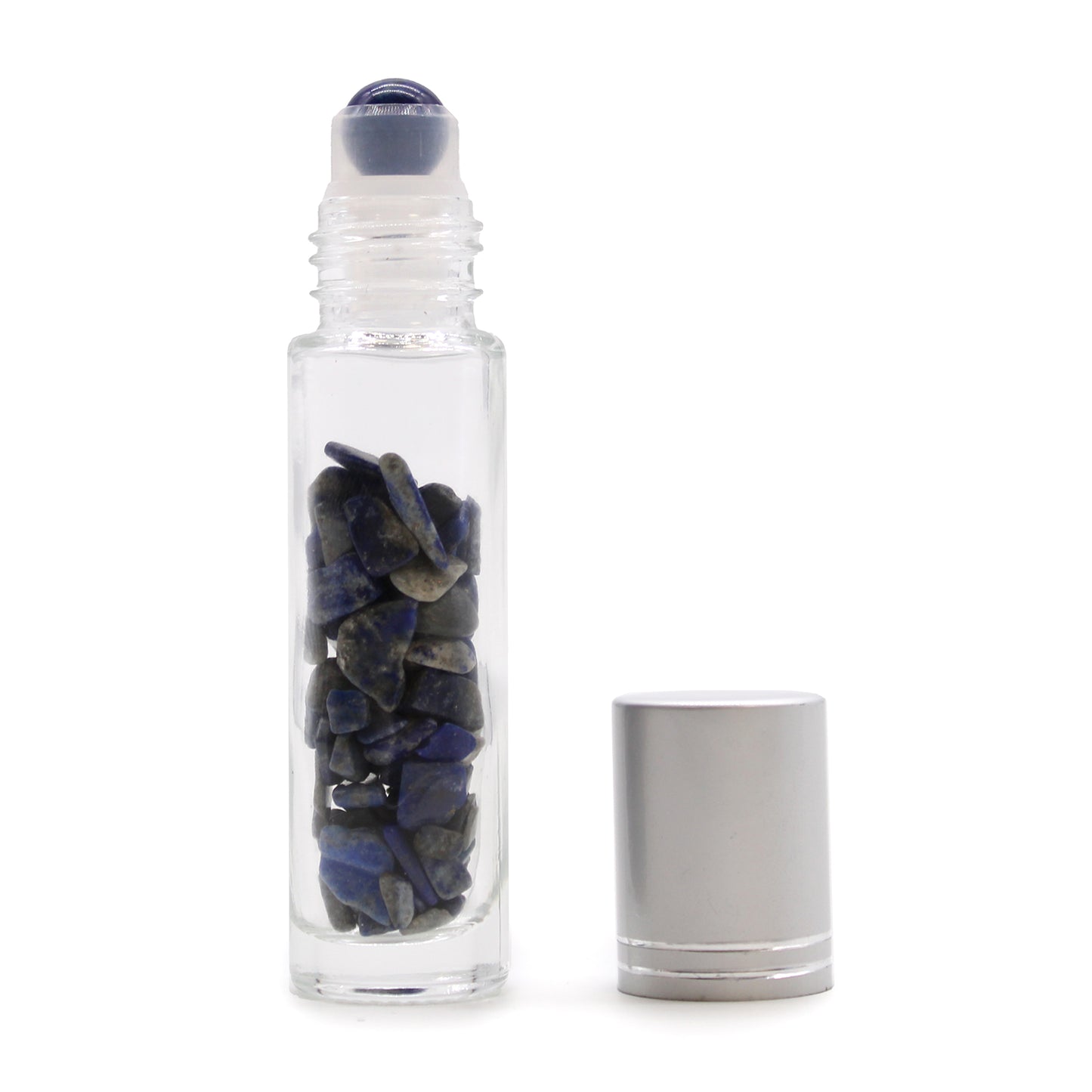 Clear glass roller bottle filled with blue stone chips and silver cap for sleep aid relaxation kit