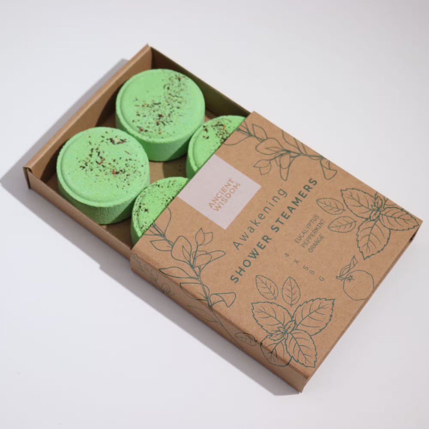 Samsara Wellbeing Zen shower steamers gift set with four green awaken shower steamers in eco-friendly brown box