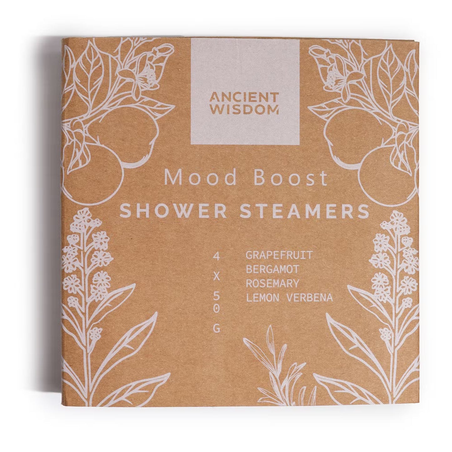 Ancient Wisdom Mood Boost zen shower steamers with grapefruit, bergamot, rosemary, and lemon verbena