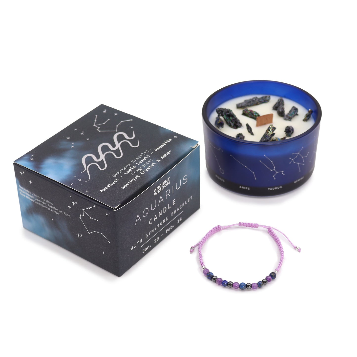 Aquarius astrology candle with crystals by Samsara Wellbeing with blue glass, constellation design, and purple beaded bracelet