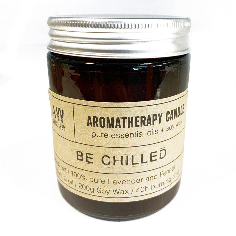 Be Chilled aromatherapy relaxing soy wax candle in brown glass jar with silver lid