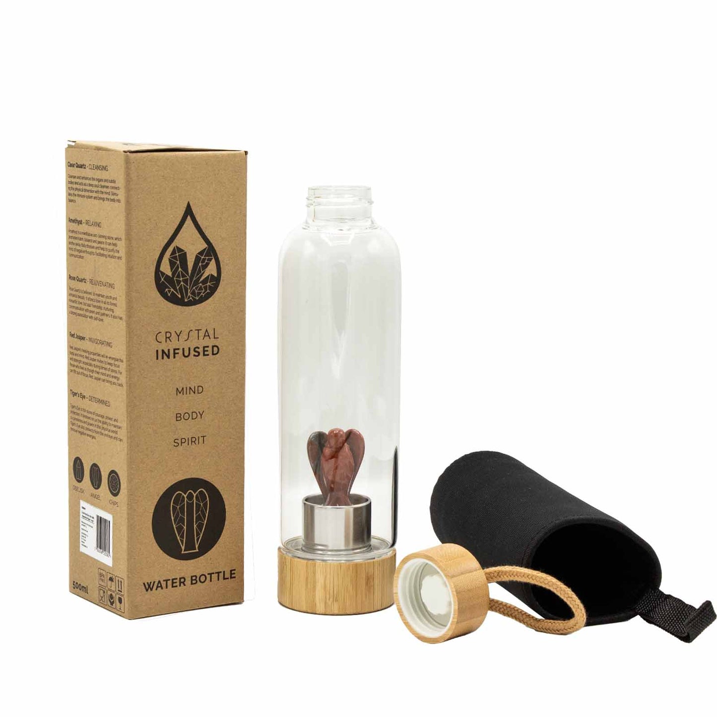 Samsara Wellbeing crystal infused water bottle with wooden lid, black carry pouch and cardboard packaging