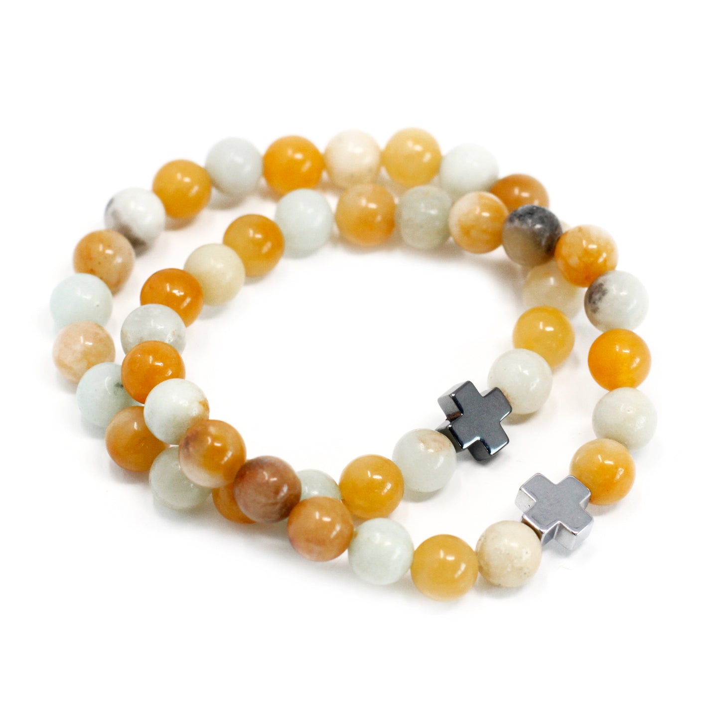 Two gemstone friendship bracelets set with multicolored round beads and silver cross charms