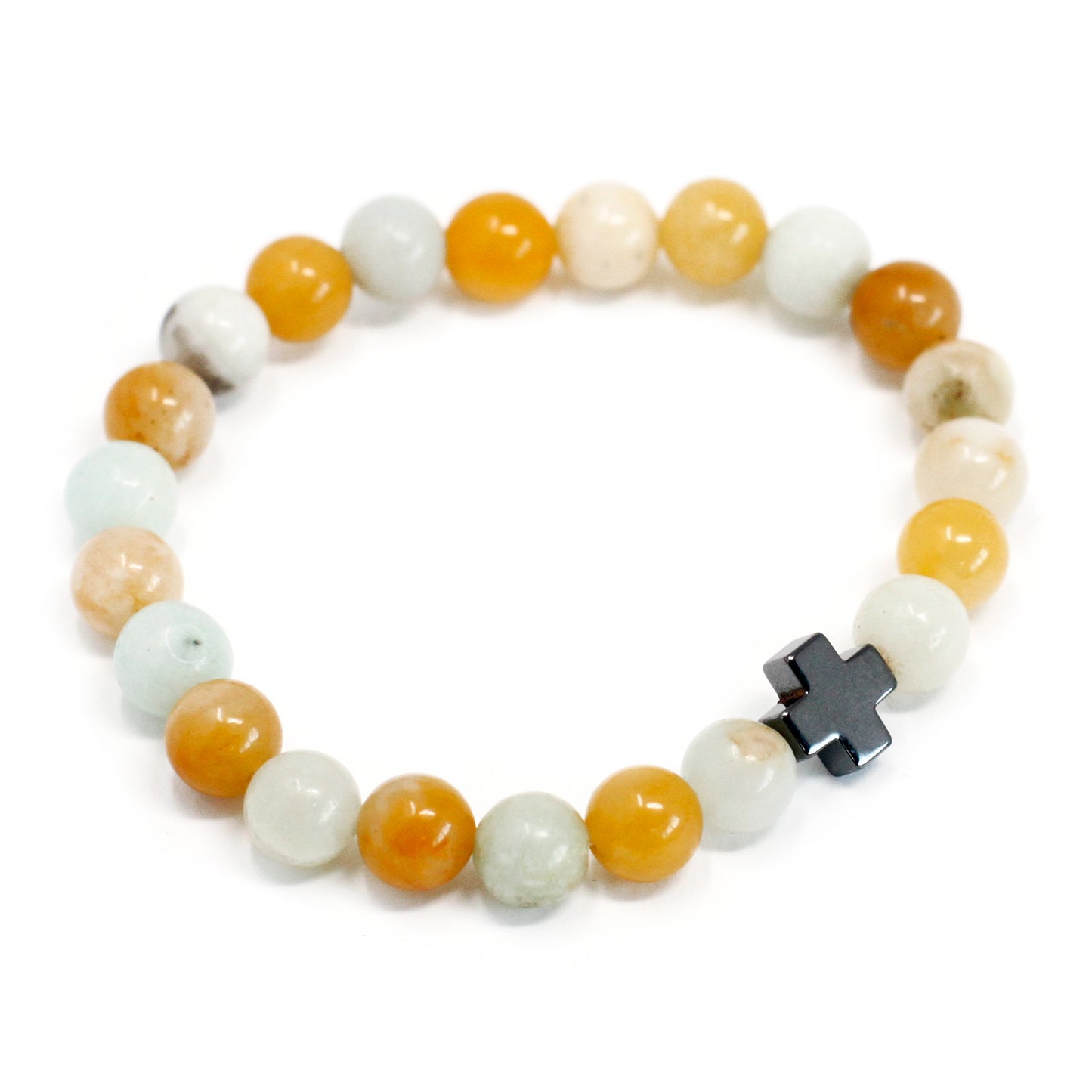 Colourful gemstone friendship bracelets set with round beads and a black cross charm on white background