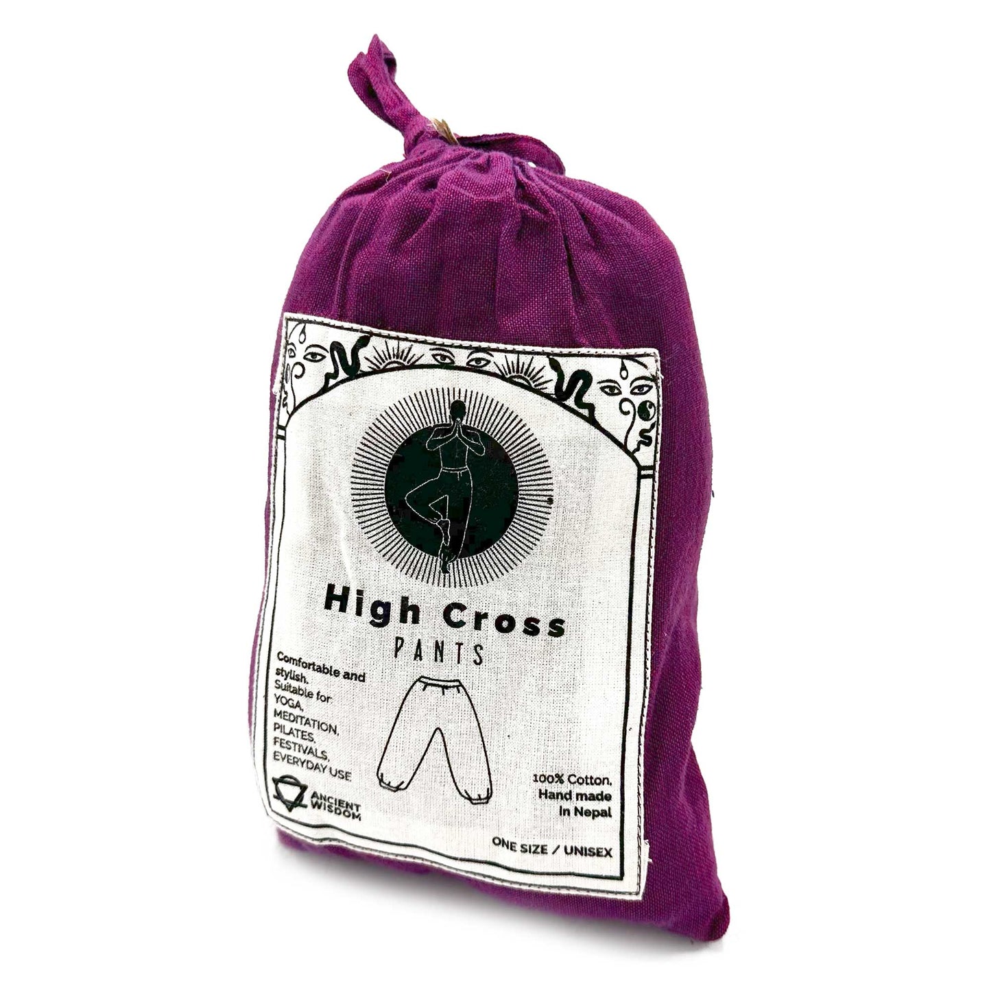 Purple drawstring bag containing Himalayan print yoga pants by Samsara Wellbeing made from cotton