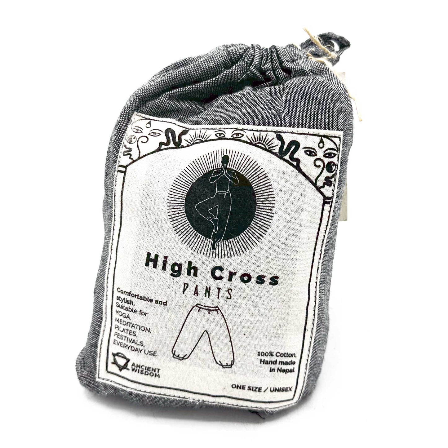 Samsara Wellbeing Himalayan yoga pants in drawstring bag made of cotton handmade in Nepal
