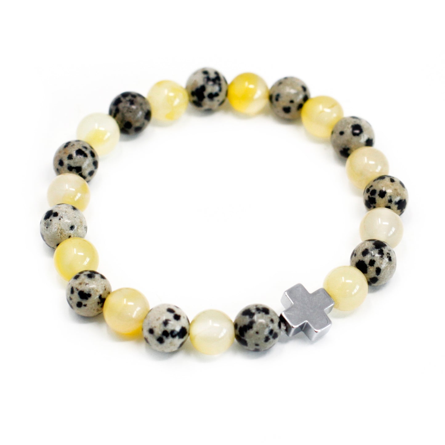 Gemstone friendship bracelets featuring yellow and spotted beads with a silver cross charm