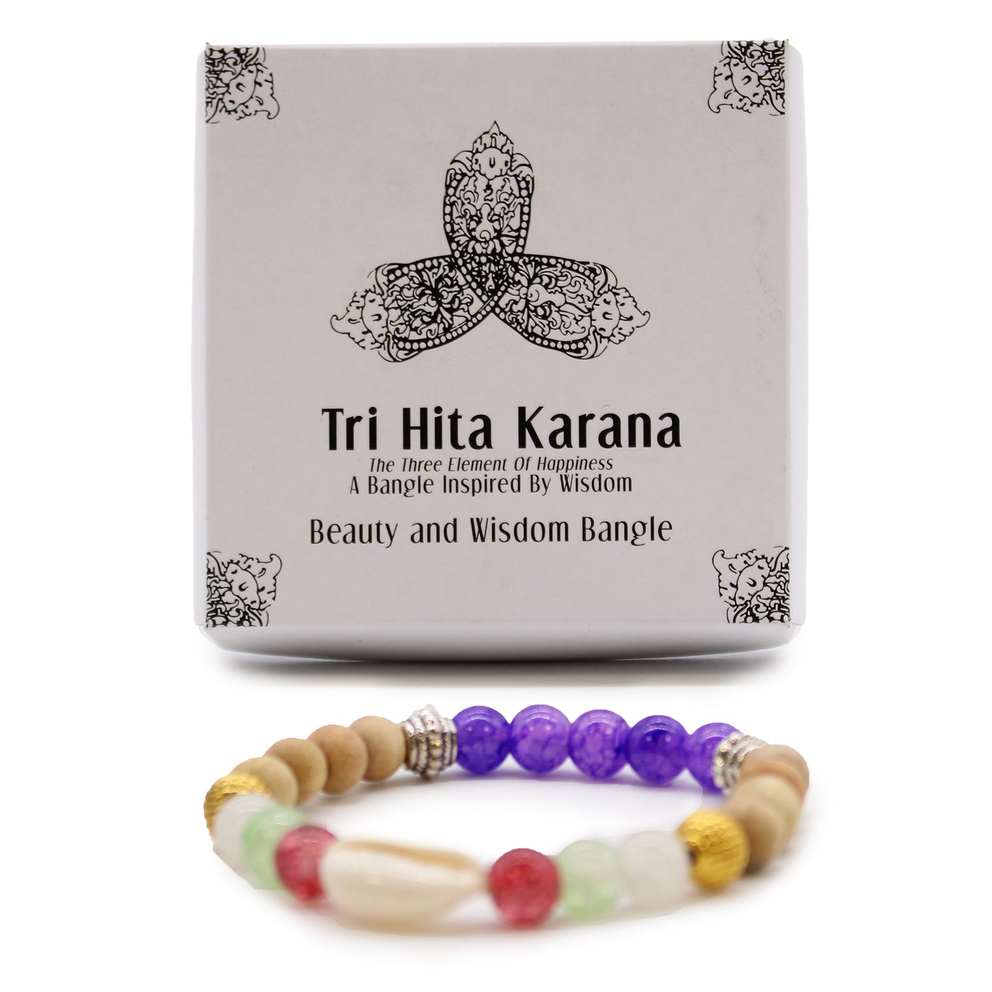Tri Hita Karana bangle with multicolored beads and wooden accents in decorative packaging box