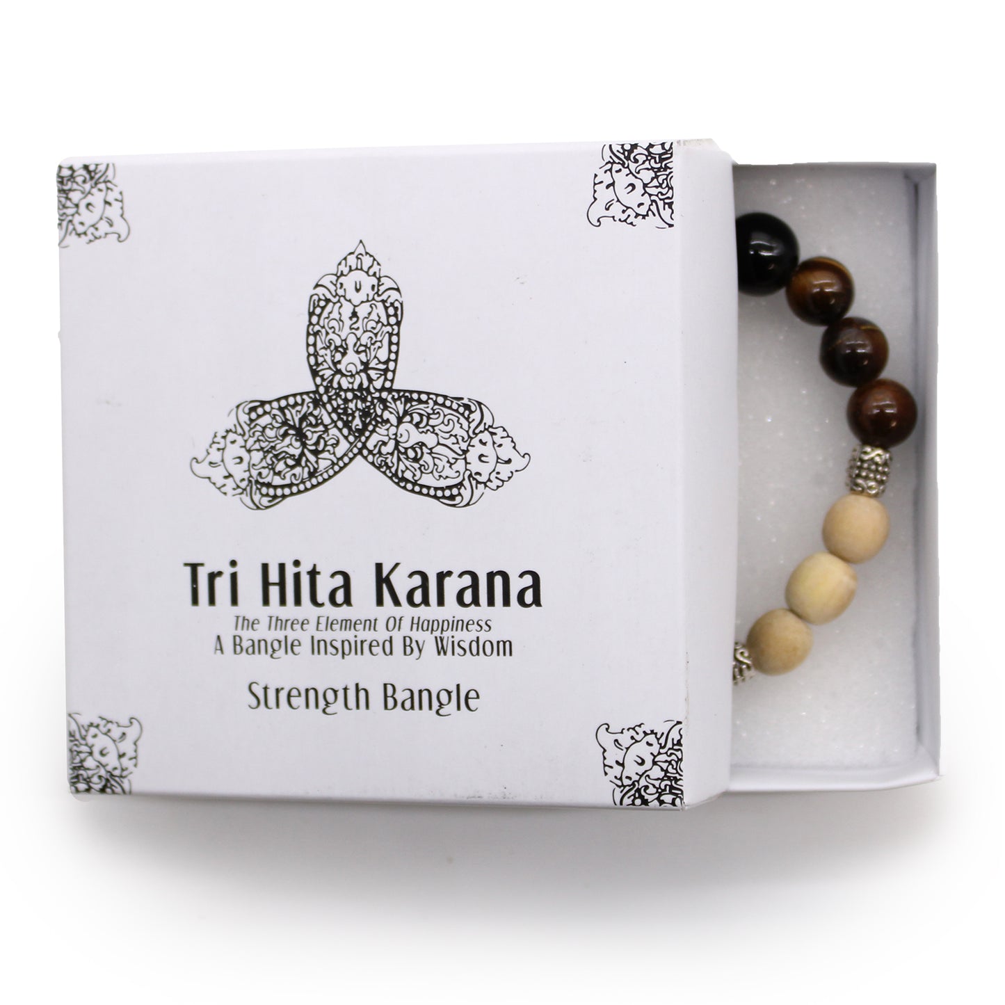 Tri Hita Karana bracelet with wooden and dark beads in a white strength bangle box