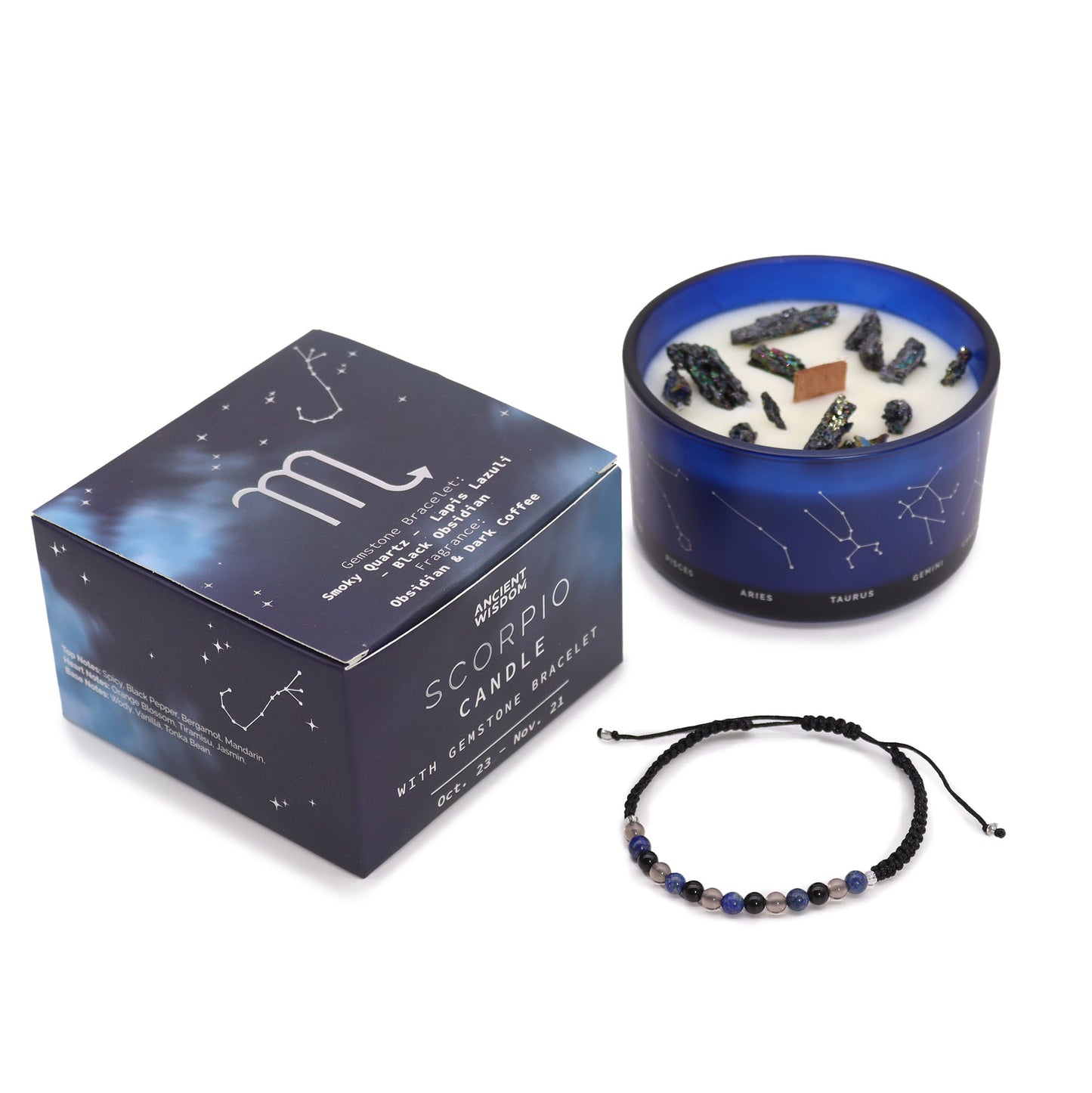 Scorpio zodiac crystal candle by Samsara Wellbeing with gemstone bracelet in blue glass container