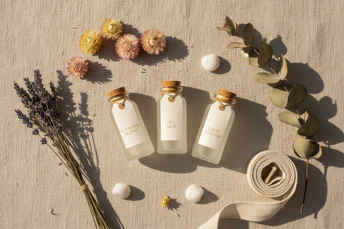 Aromatherapy essential oil gift set styled on linen with botanicals
