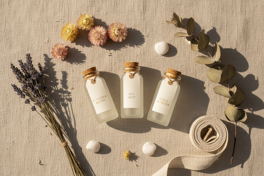 Aromatherapy essential oil gift set styled on linen with botanicals