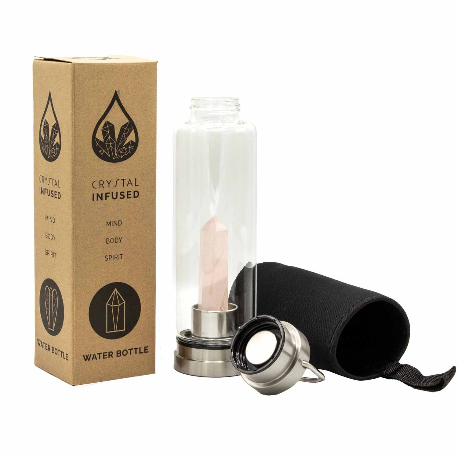 500ml crystal glass bottle with rose quartz obelisk, stainless steel cap and base, and black neoprene cover