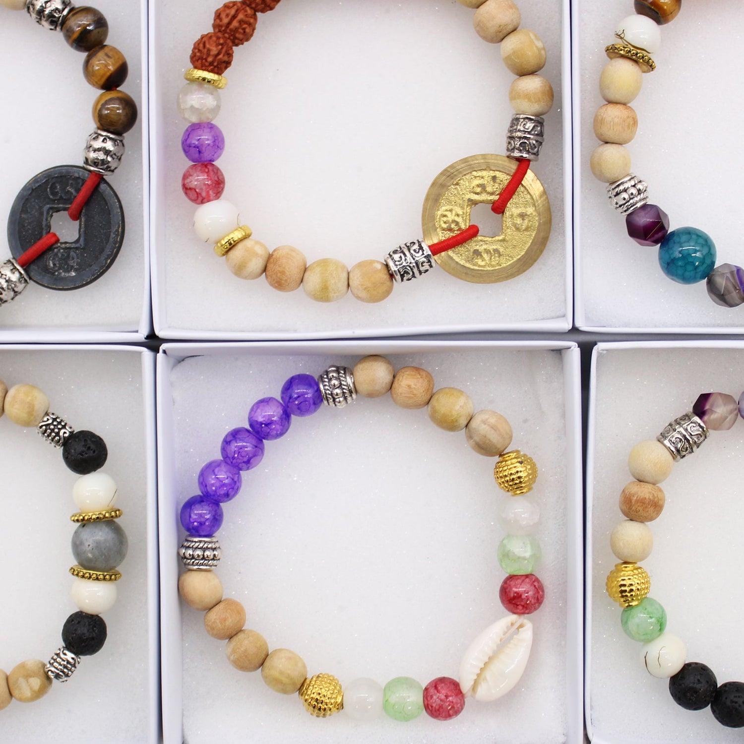Tri Hita Karana bangle gift set with vibrant beads, sandalwood, and symbolic charms in white boxes