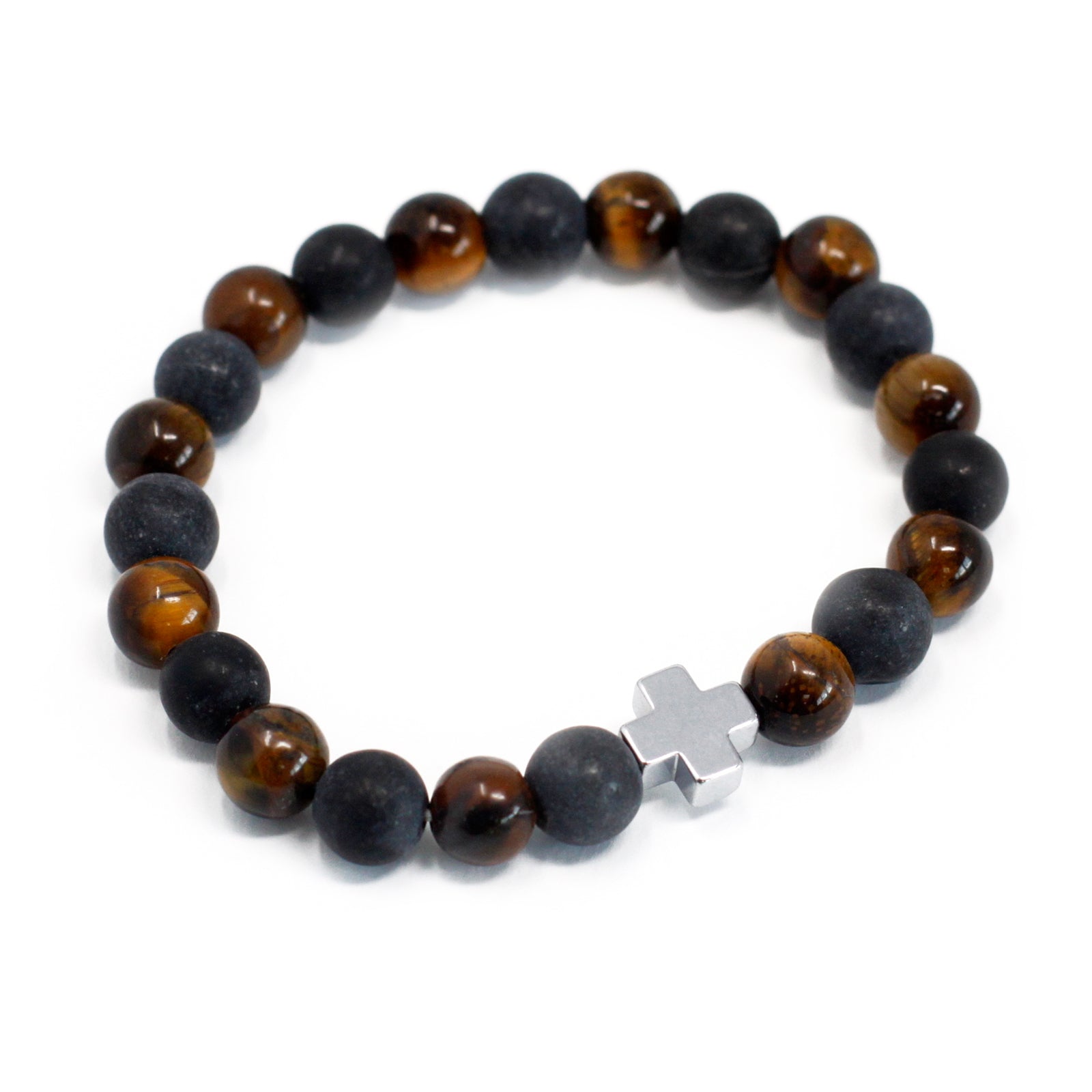 Gemstone friendship bracelets set featuring brown and black beads with silver cross charm