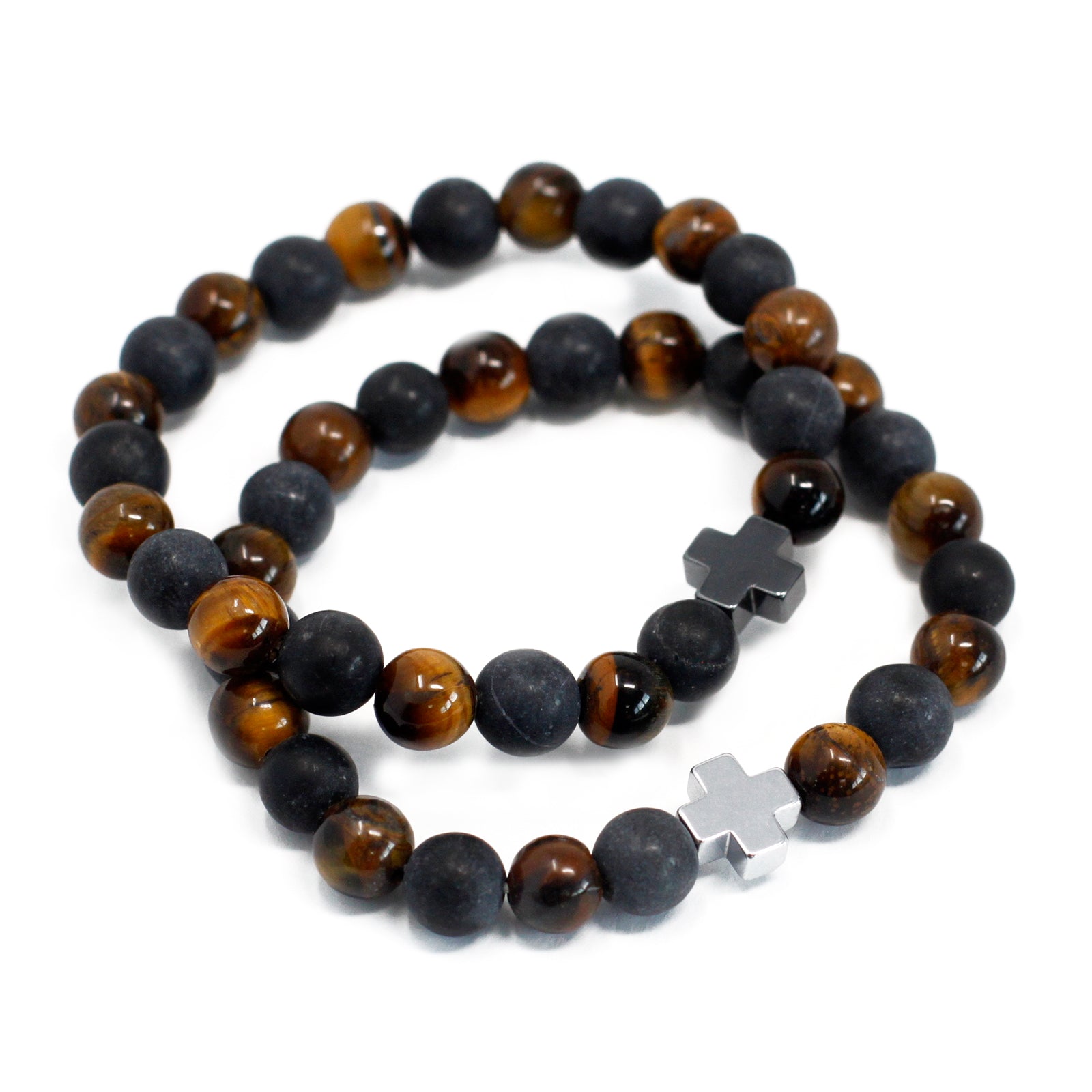 Gemstone friendship bracelets set featuring black and tiger eye beads with silver cross charms