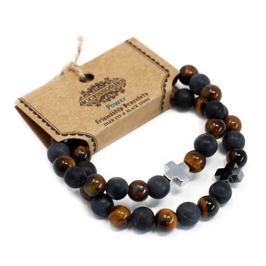 Gemstone friendship bracelets set with tiger eye and black stone beads featuring silver cross charms