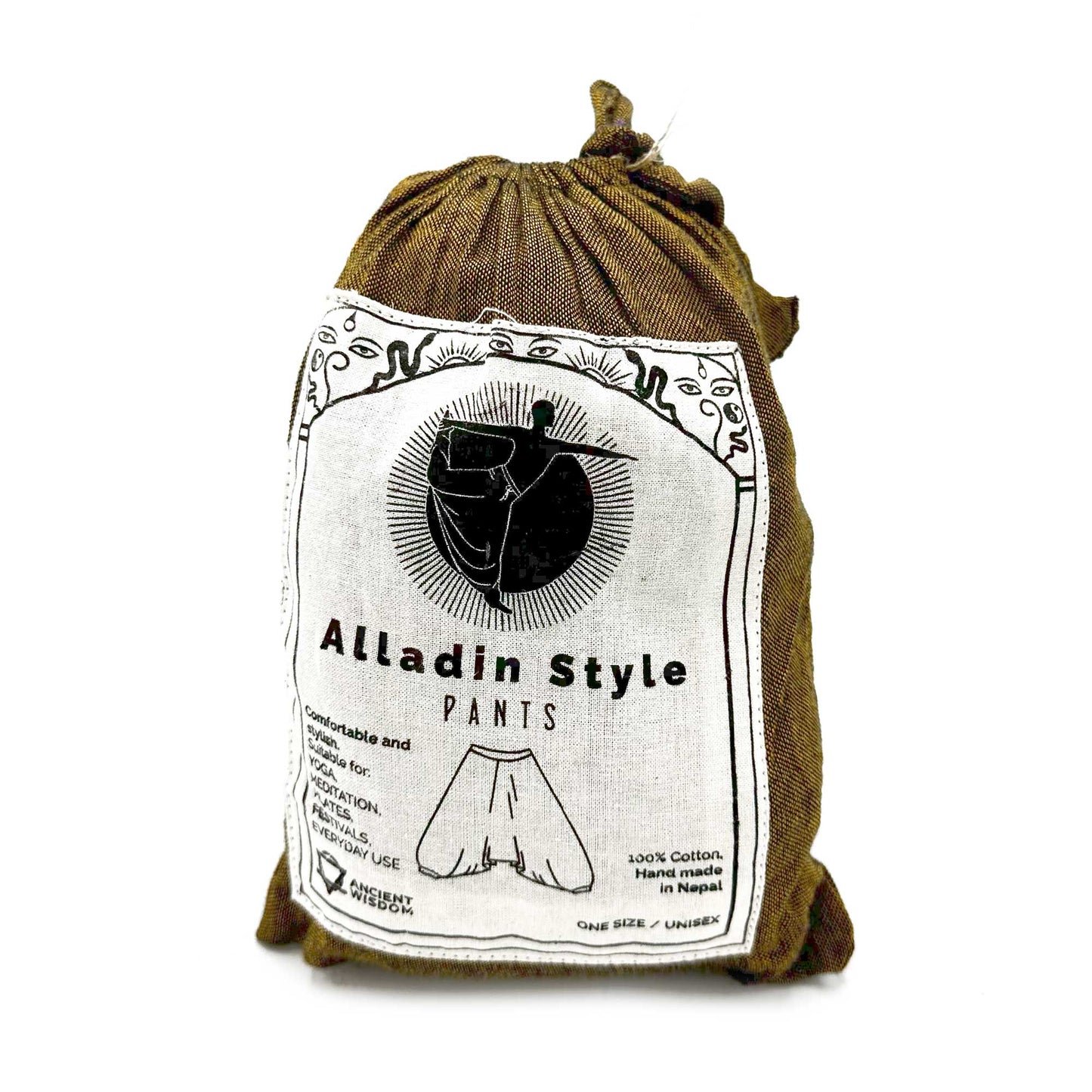 Samsara Wellbeing Aladdin style yoga pants in a brown drawstring bag with printed label