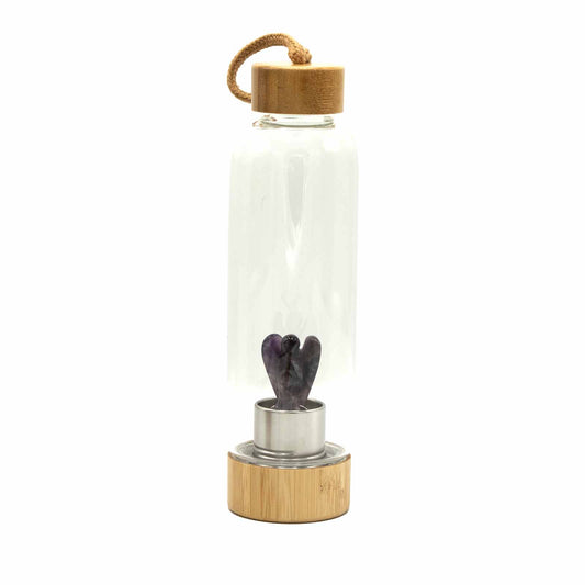 Samsara Wellbeing clear glass amethyst crystal water bottle with bamboo lid and base