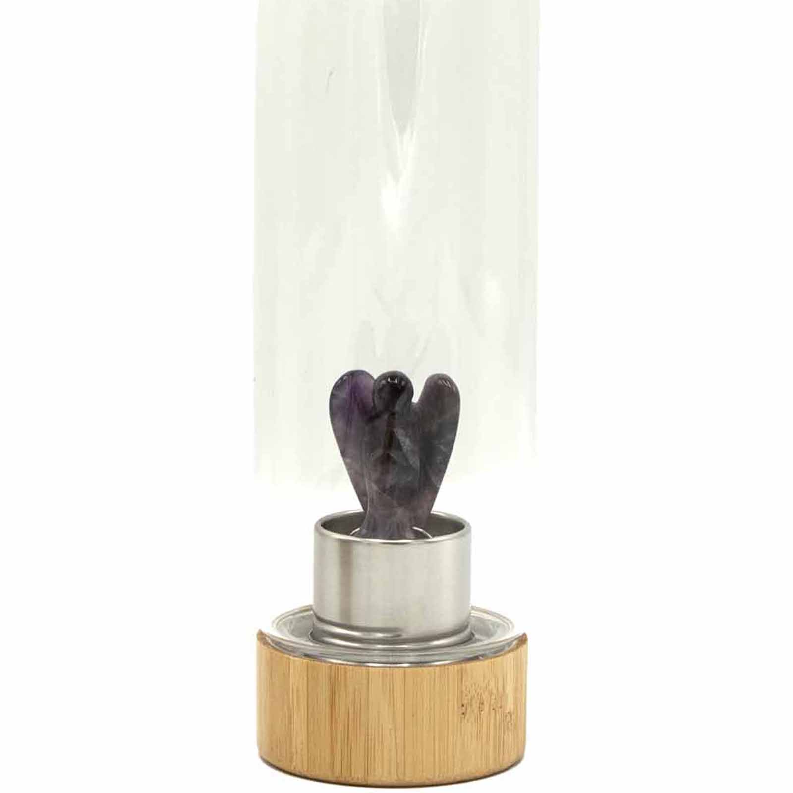 Samsara Wellbeing amethyst crystal water bottle with clear glass body and wooden base
