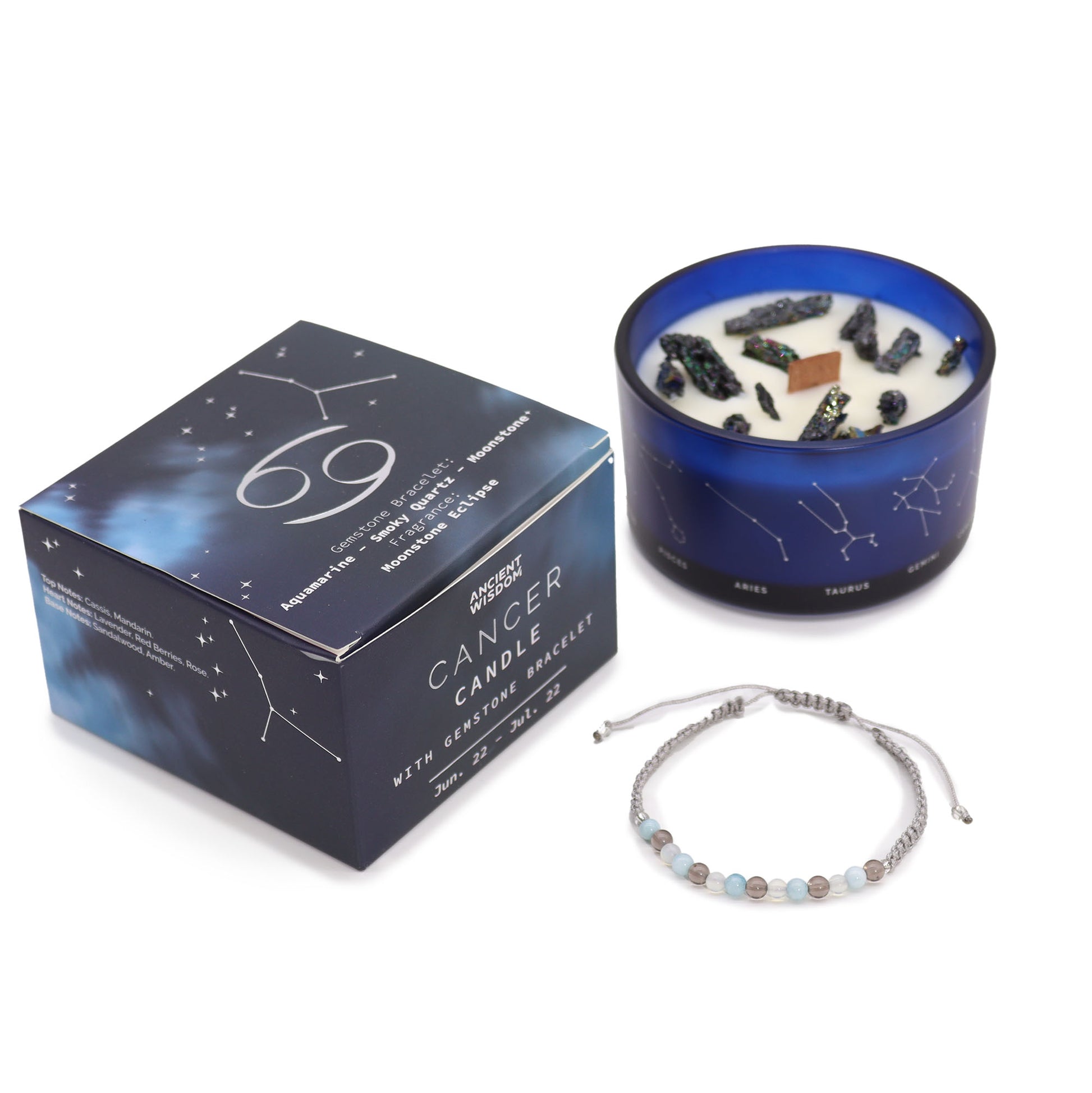 Samsara Wellbeing Cancer zodiac crystal candle with blue glass, crystal stones, and gemstone bracelet