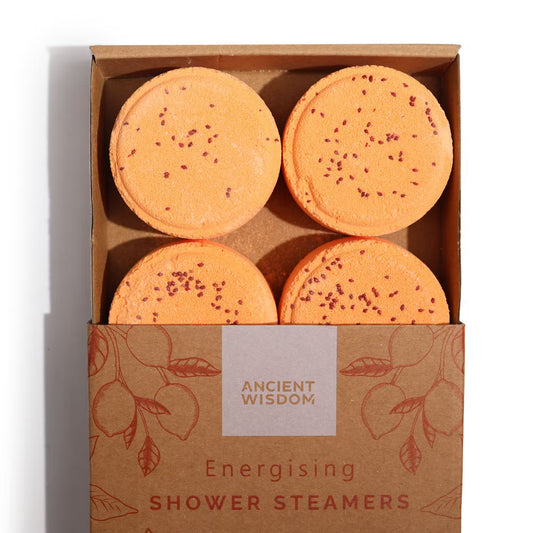 Samsara Wellbeing energising shower steamers in orange with essential oils packed in a brown box