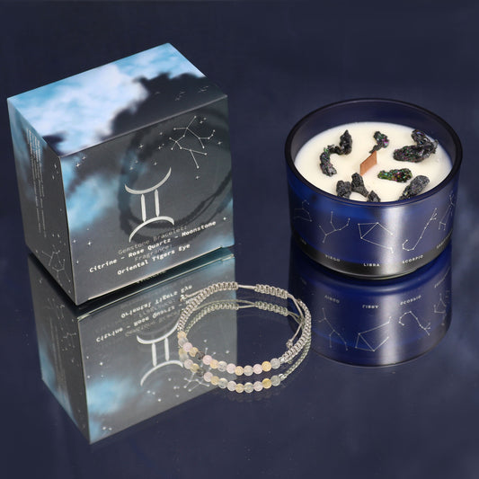 Samsara Wellbeing Gemini zodiac candle gift with constellation design and natural crystals in blue glass jar
