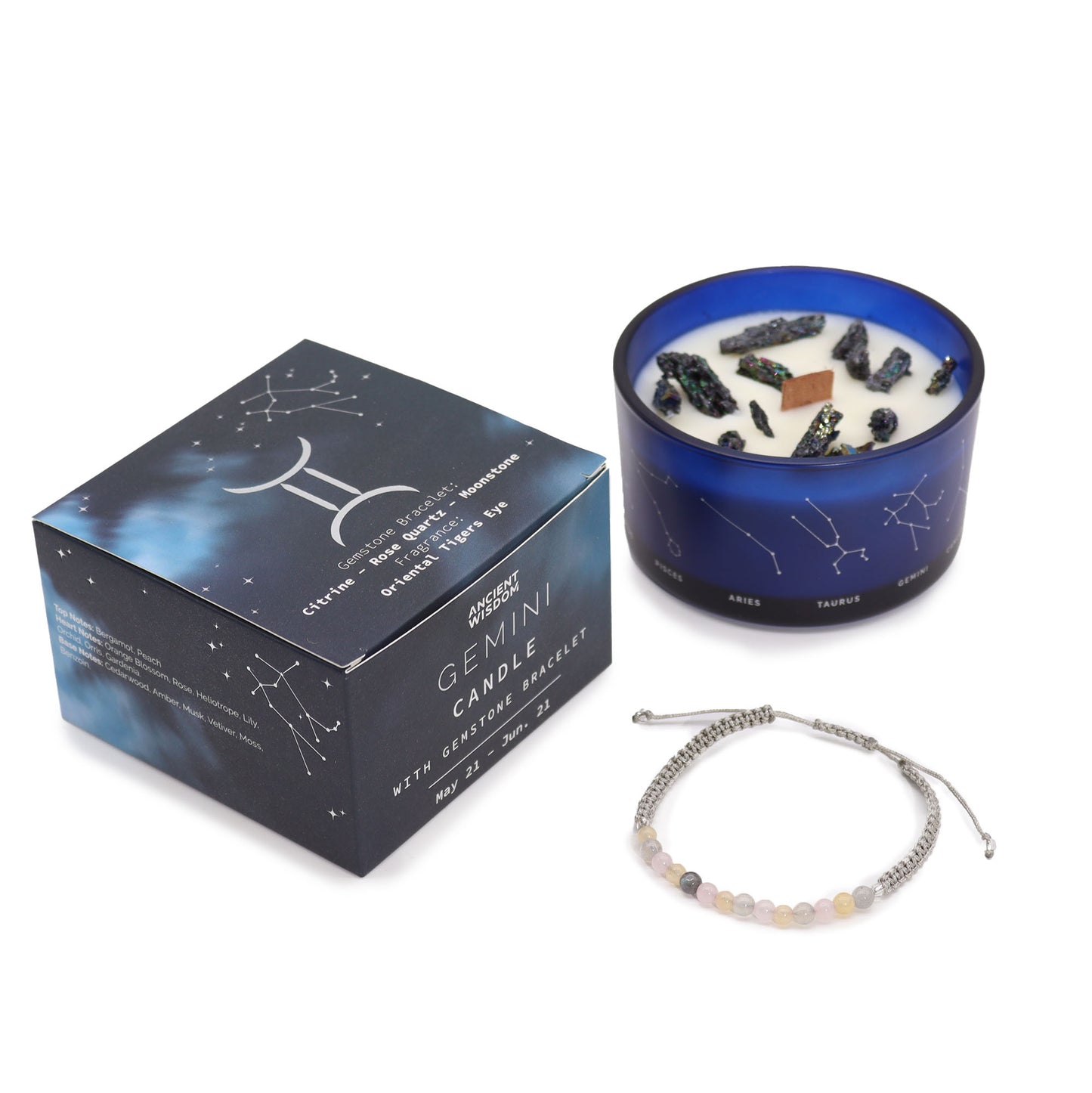 Samsara Wellbeing Gemini zodiac candle gift in blue jar with gemstone bracelet and constellation packaging