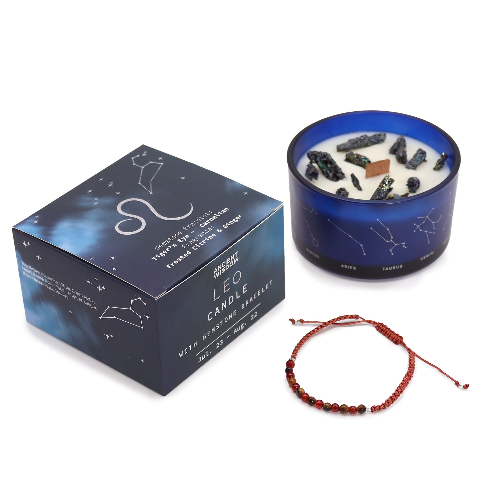 Leo zodiac crystal candle by Samsara Wellbeing with constellation design and included gemstone bracelet