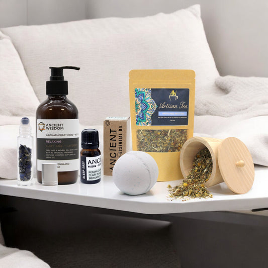 My Store sleep aid relaxation kit gift set featuring aromatherapy oil, bath bomb, herbal tea, and roller bottle