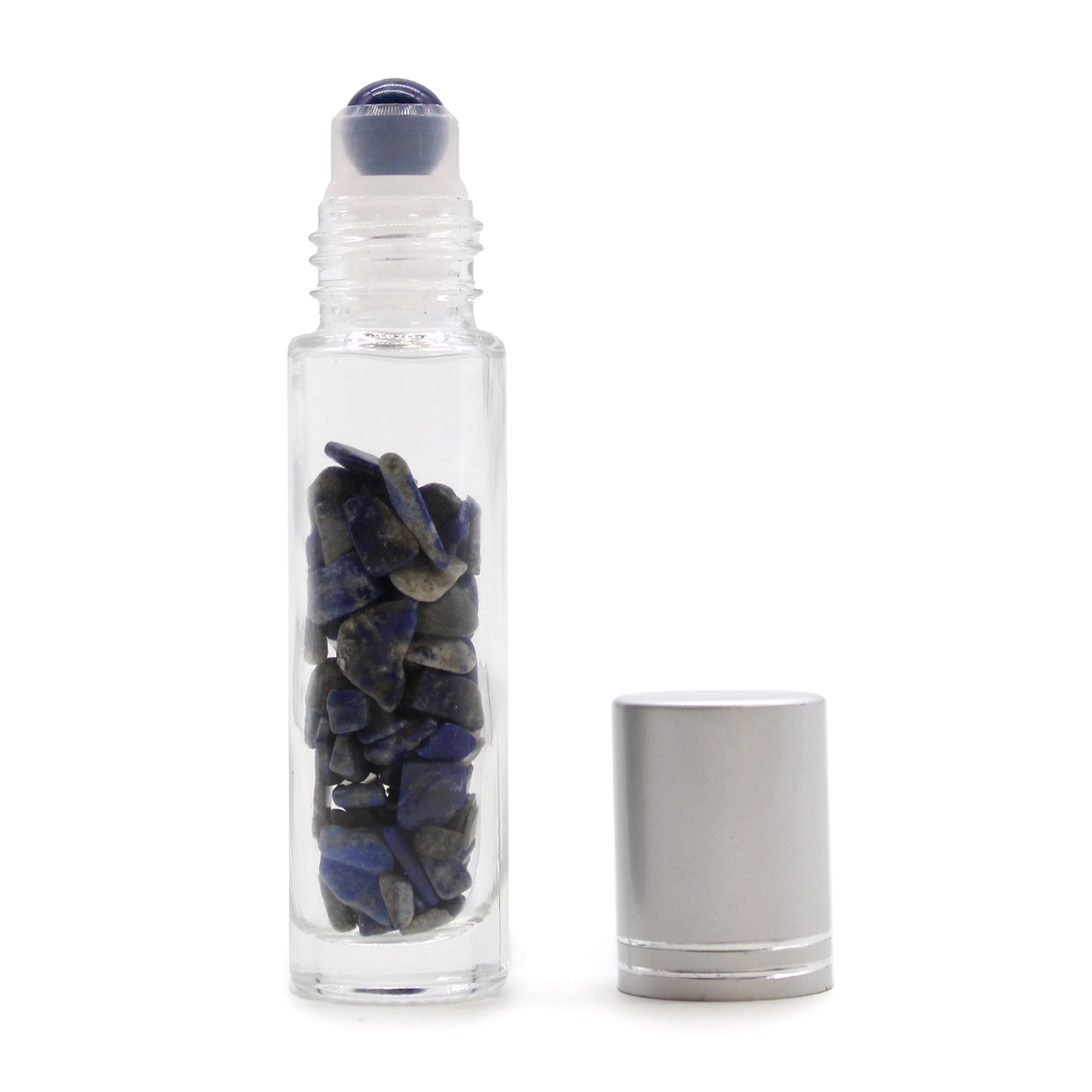 Clear glass roller bottle filled with blue stone chips and silver cap for sleep aid relaxation kit