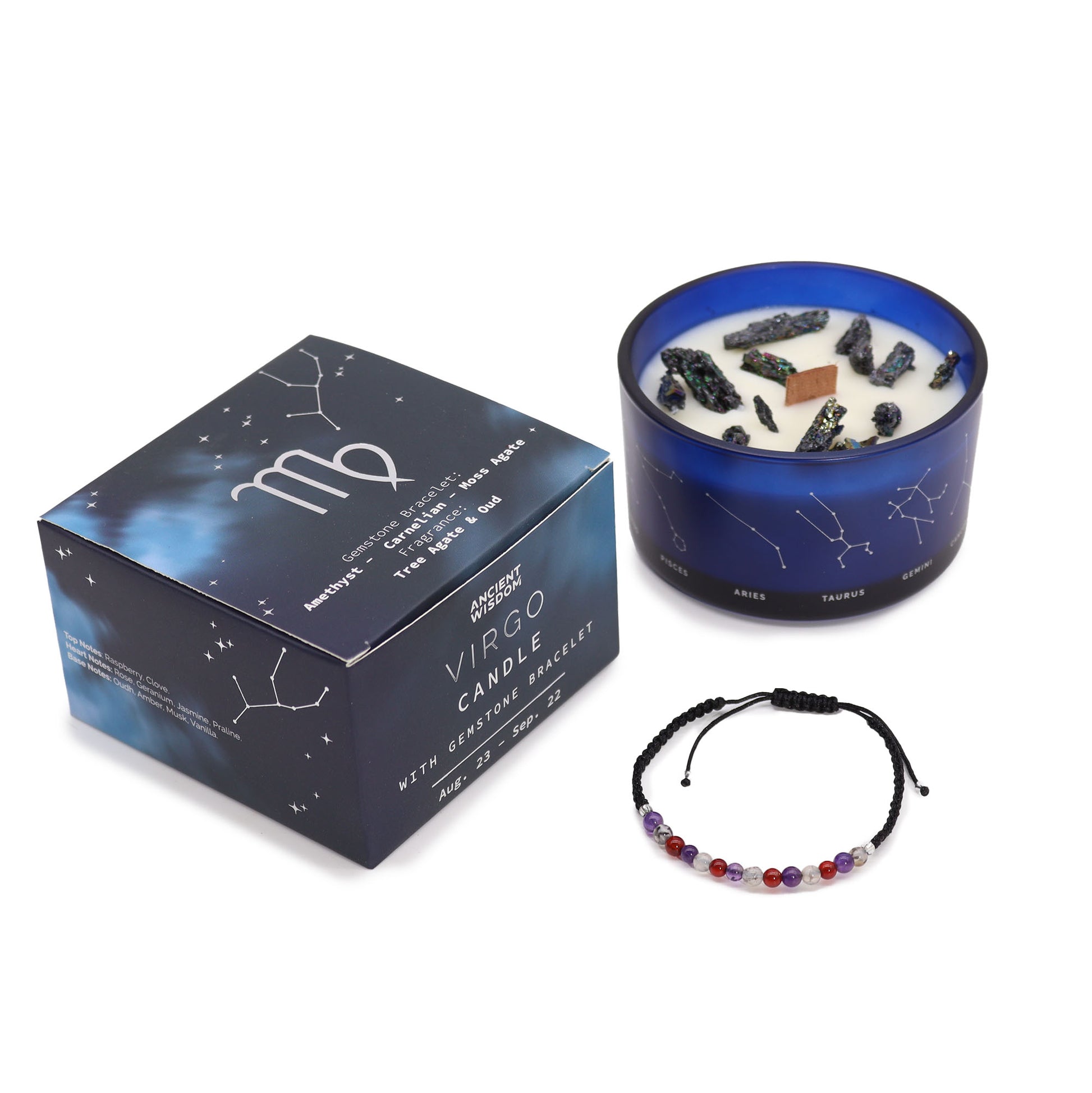 Virgo zodiac crystal candle by Samsara Wellbeing with constellation packaging and gemstone bracelet