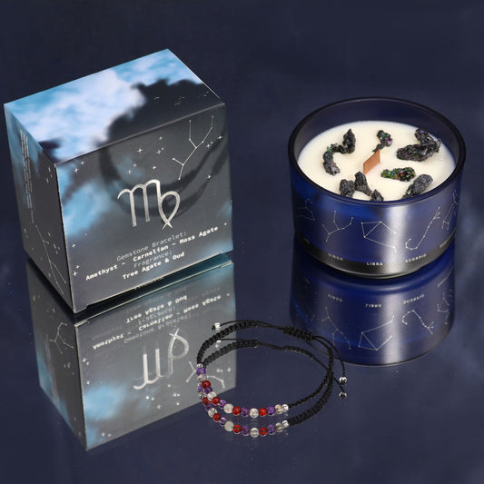 Virgo zodiac crystal candle by Samsara Wellbeing in blue container with constellation design and decorative stones