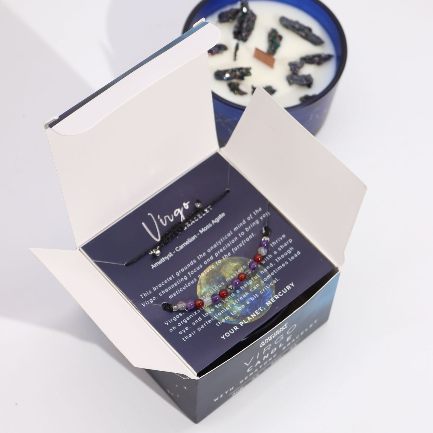 Virgo zodiac crystal candle by Samsara Wellbeing in blue jar with crystals and Virgo bracelet in box