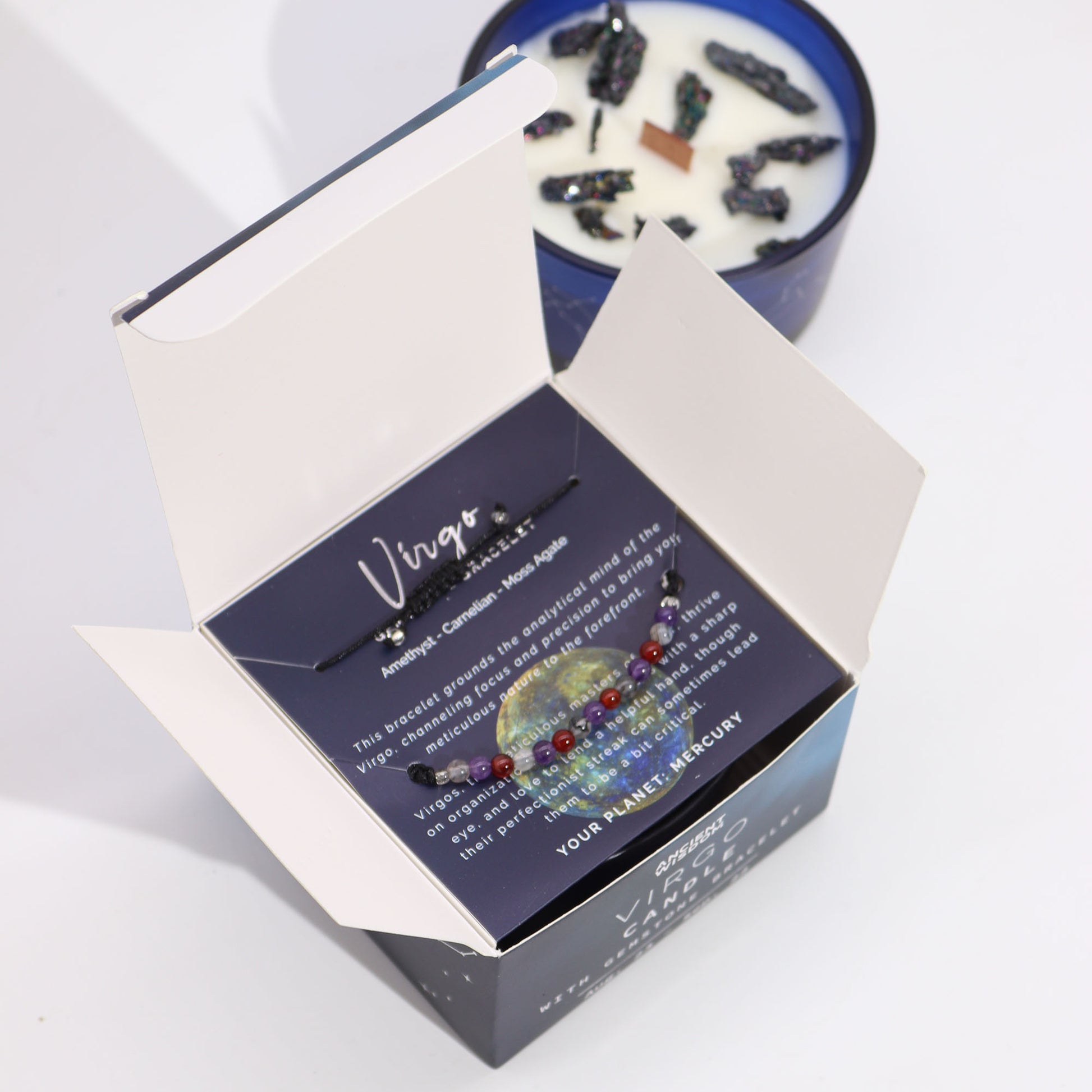 Virgo zodiac crystal candle by Samsara Wellbeing in blue jar with crystals and Virgo bracelet in box