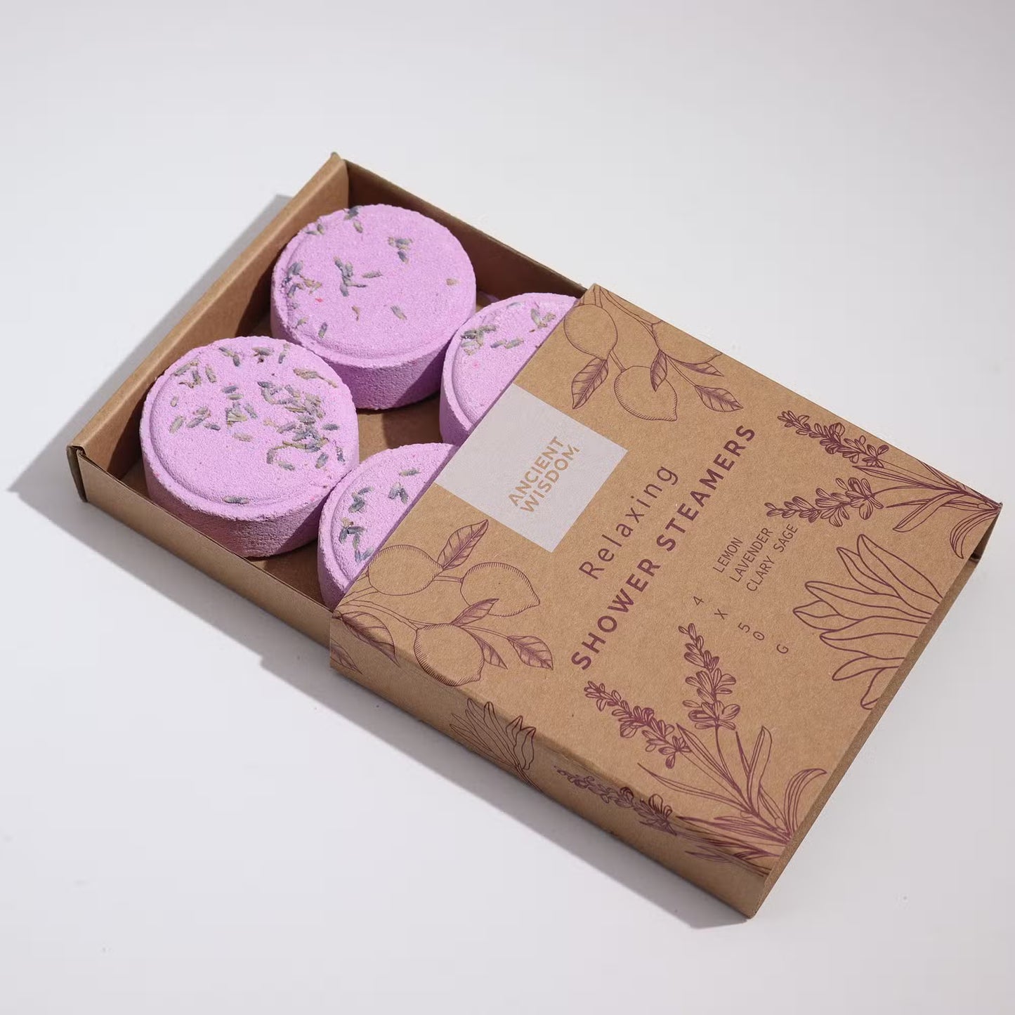 Samsara Wellbeing Zen shower steamers for relaxation lavender rose and eucalyptus scent in eco-friendly box