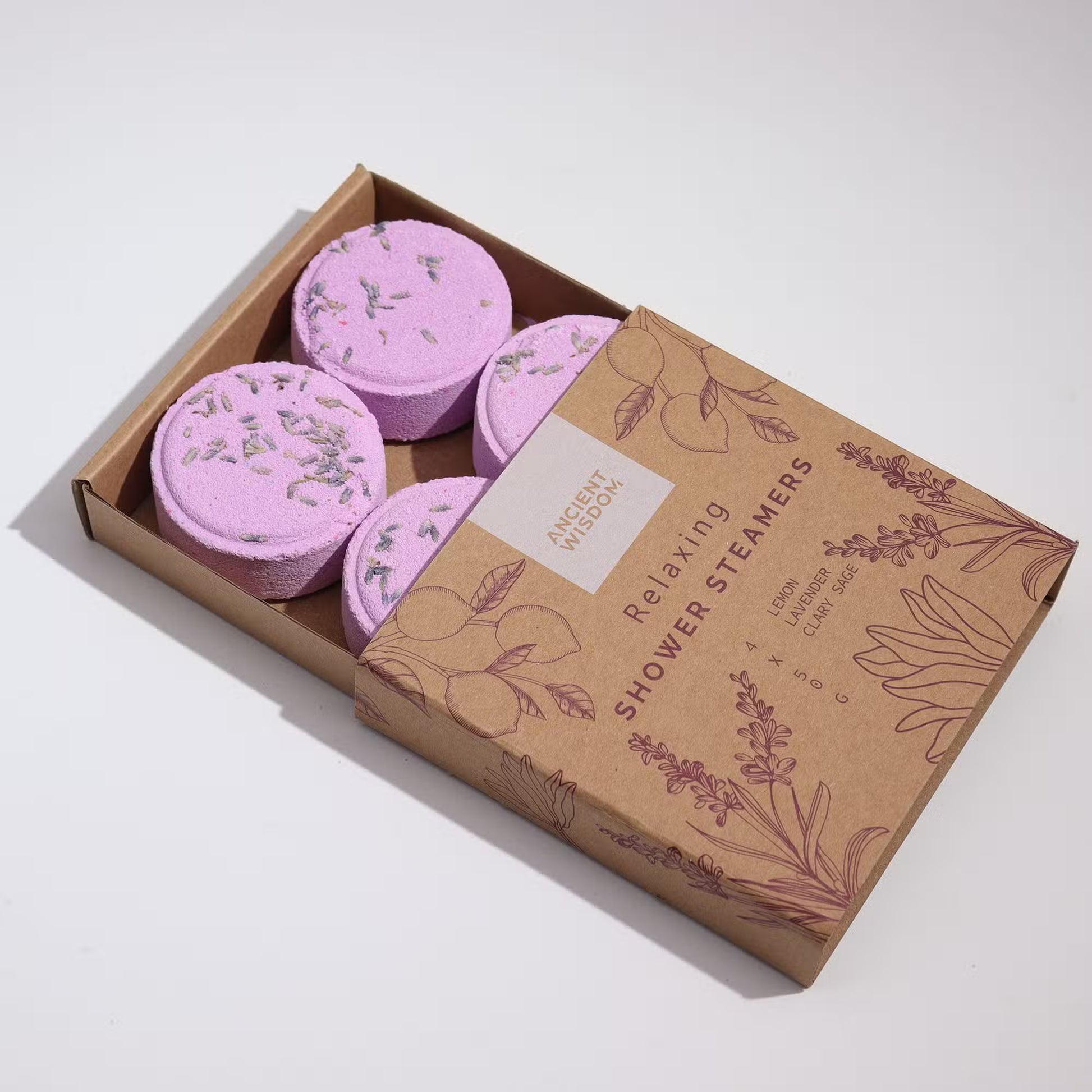 Samsara Wellbeing Zen shower steamers for relaxation lavender rose and eucalyptus scent in eco-friendly box