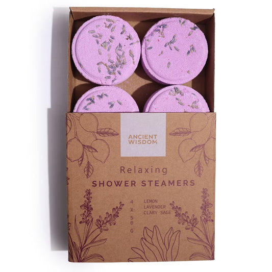 Zen shower steamers for relaxation by Samsara Wellbeing with lavender petals in eco-friendly box