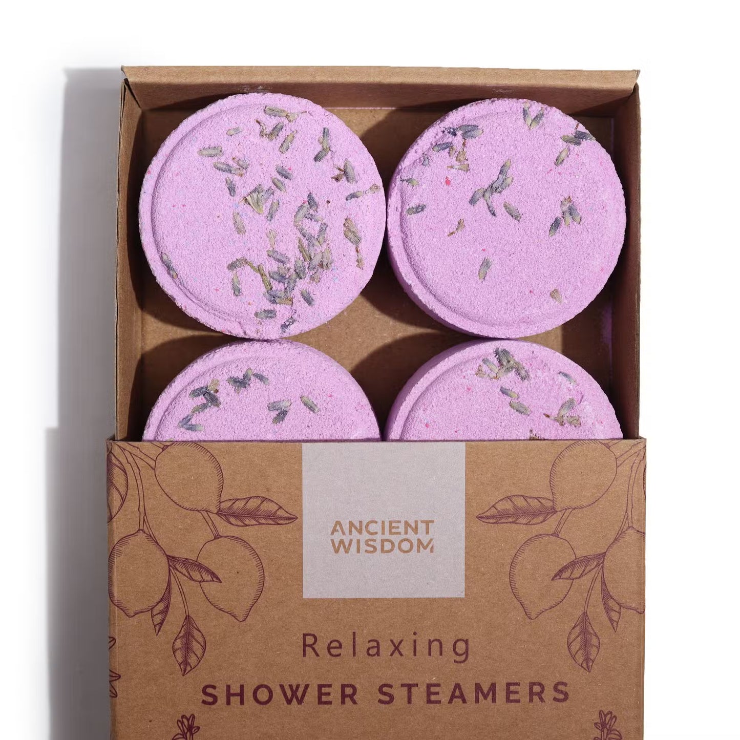 Samsara Wellbeing Zen shower steamers for relaxation lavender scented with natural herbs in a cardboard box