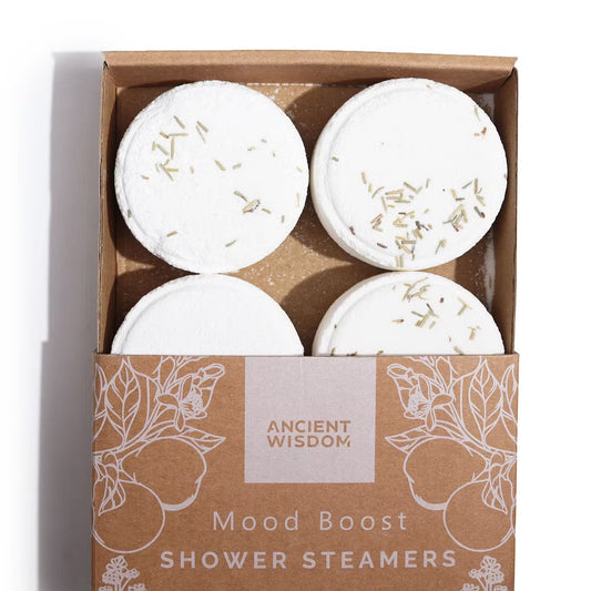 Samsara Wellbeing zen shower steamers Mood Boost set of four white round essential oil steamers