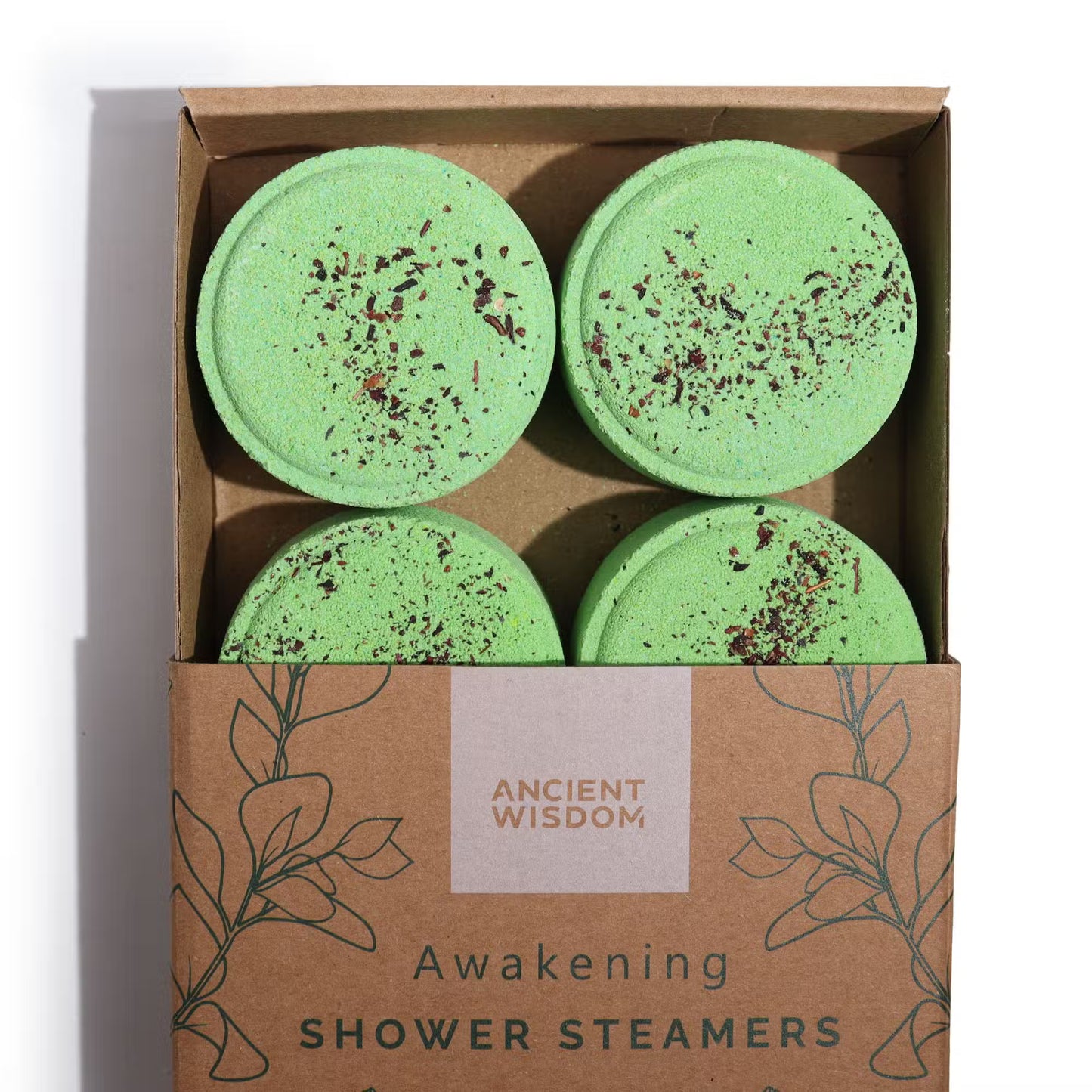 Zen shower steamers gift set by Samsara Wellbeing with four green essential oil shower steamers in eco-friendly packaging