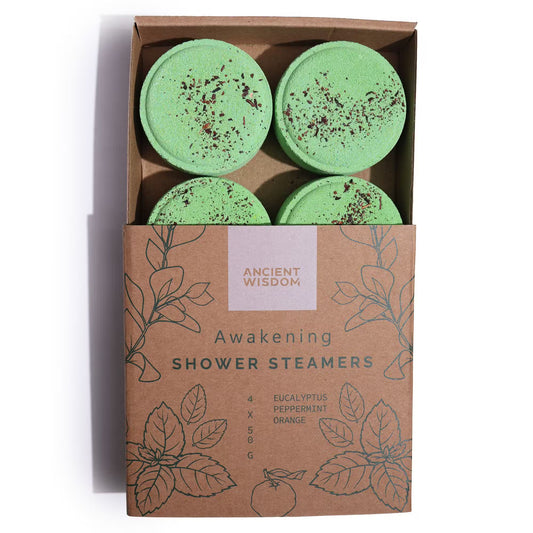 Zen shower steamers gift set by Samsara Wellbeing with four green eucalyptus peppermint and orange shower steamers