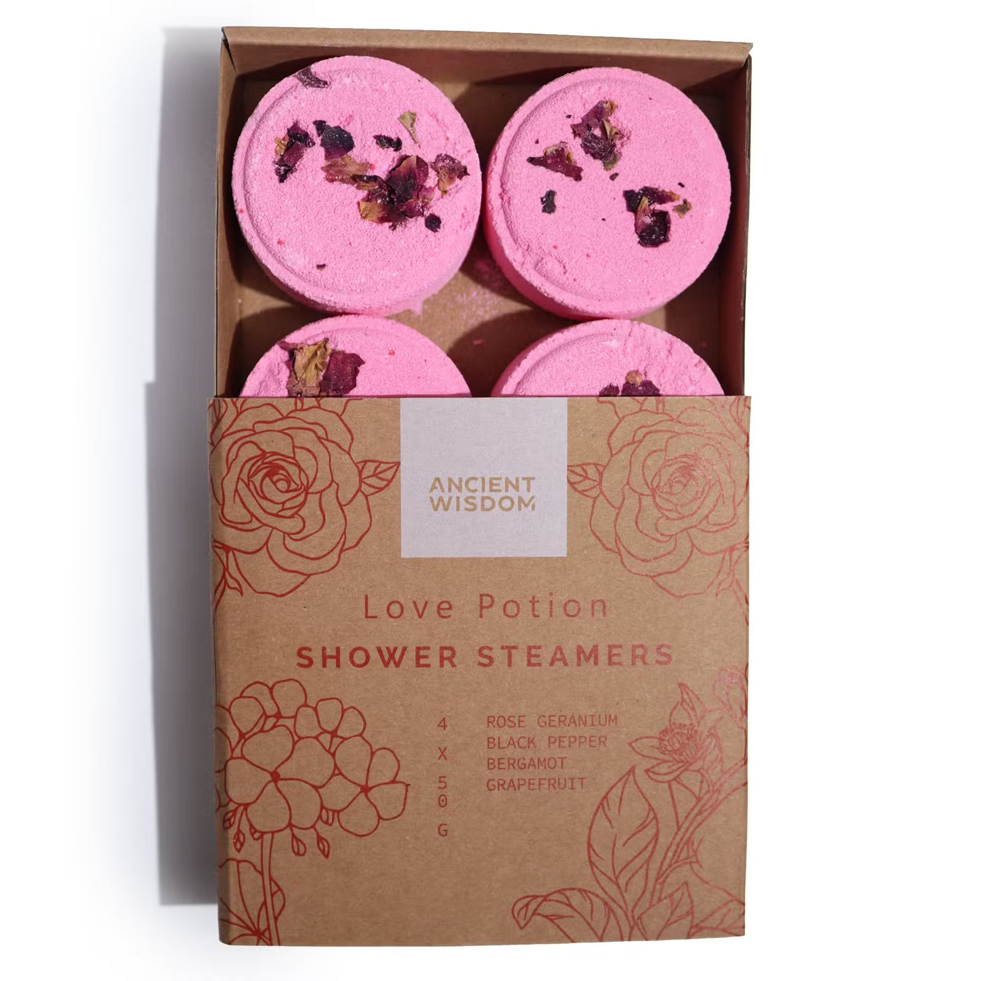 Samsara Wellbeing Zen shower steamers pink round tablets with rose petals in brown box