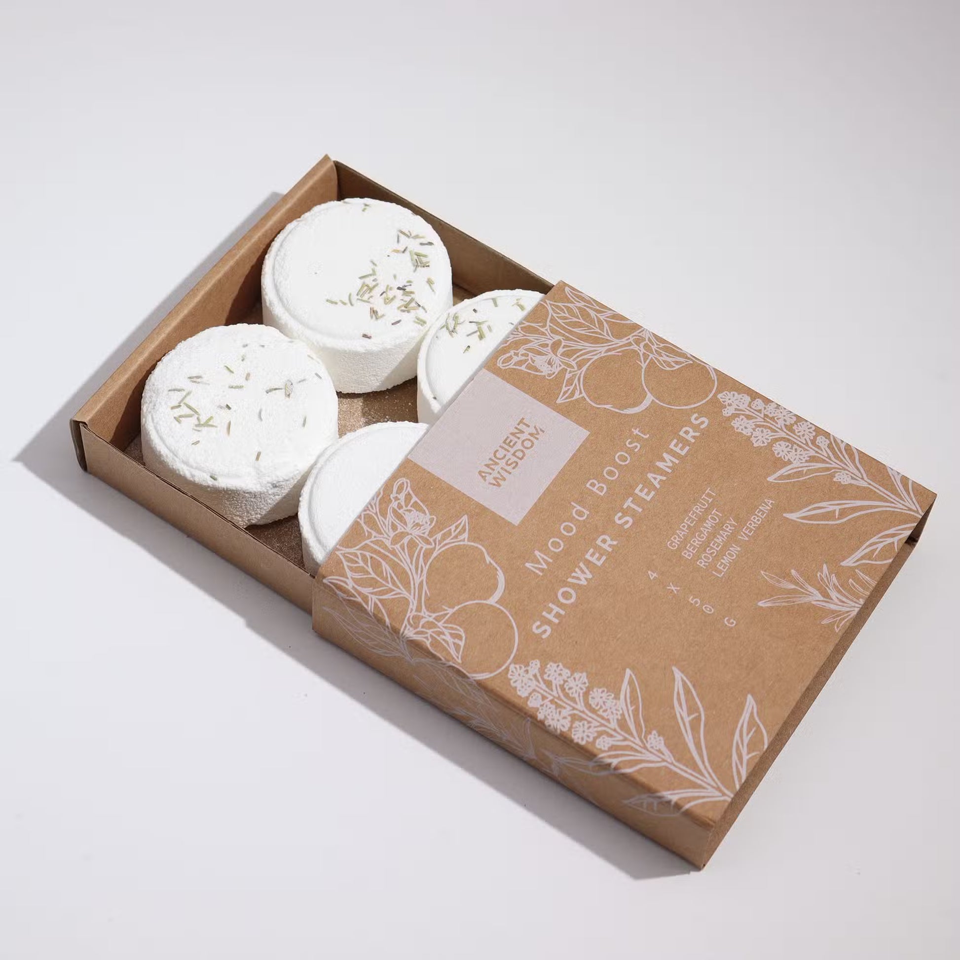 Samsara Wellbeing zen shower steamers mood boost pack with four white essential oil tablets